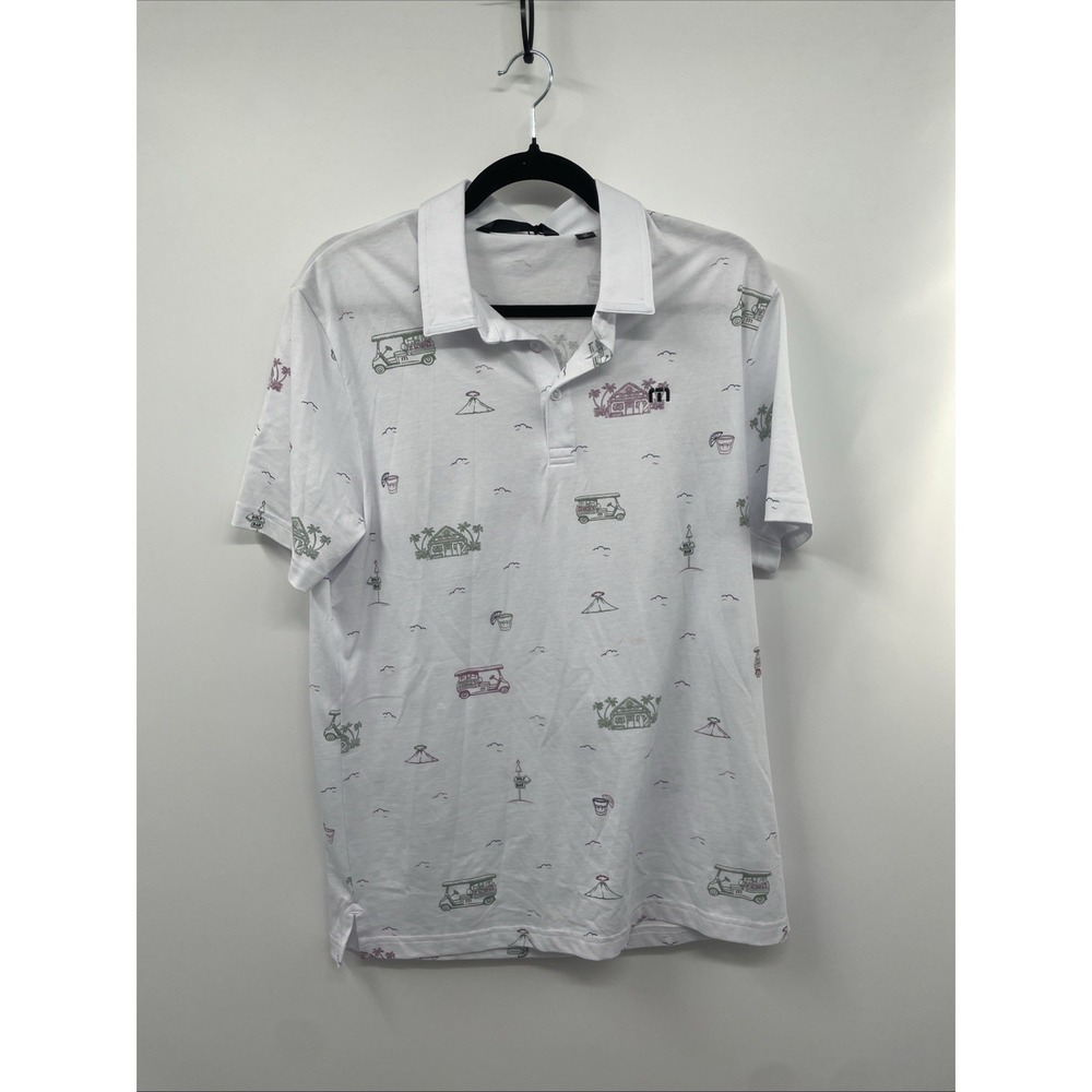 Travis Mathew Polo Shirt Mens M White Tiki Mapes Print Cotton Performance NWT